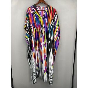 Winlar Kaftan Dress Womens OSFM Abstract Multi Color Satin Maxi Gown 100D-7065
